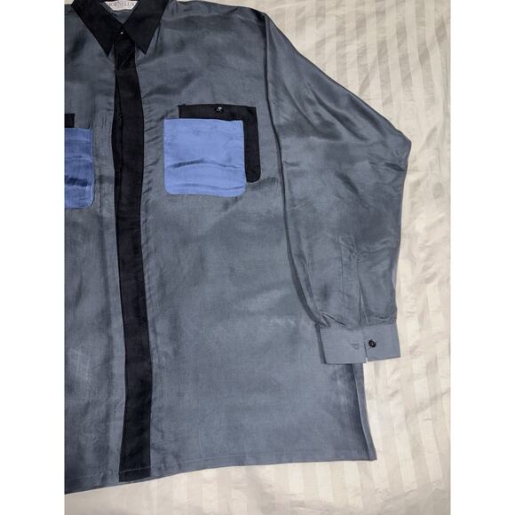 VINTAGE MENS GENELLI Blue Gray SILK SHIRT 100% Silk XL - Picture 4 of 9